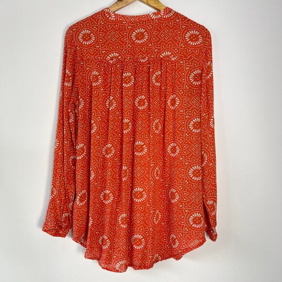 Lucky Brand Shirt Womens Large Orange Bishop Collar Festival Western Floral Boho - Picture 2 of 11